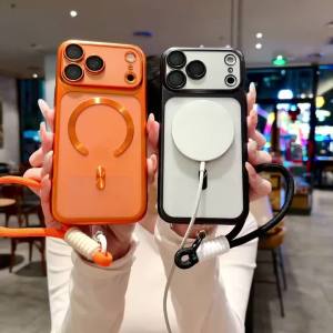 Luxury Matte Plating PC For Magsafe Case For iPhone 17 16 15 Pro Max Air Hard Lens Protector Film Translucent Wrist Strap Cover