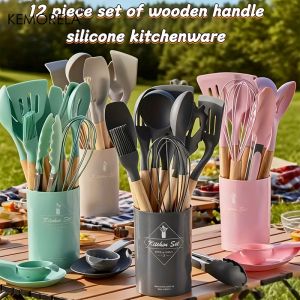 12PCS Silicone Kitchen Utensil Set with Wooden Handles Include Spatula Spoon Whisk Whisking Pad Heat Resistant Durable