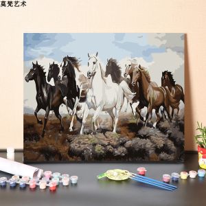 Hand-Painted DIY Digital Oil Painting Chinese Style Eight Horses Living Room Decorative Canvas Artwork Filling Coloring Acrylic