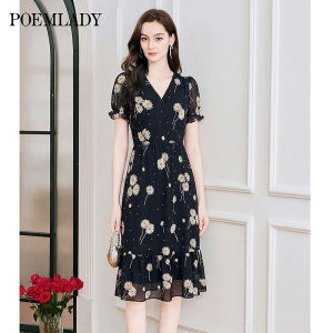 POEMLADY | Black Floral Print Chiffon Dress Short Sleeve V-neck Slimming