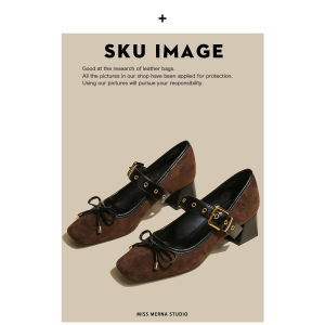 Brown Buckle Butterfly Knot Thick Heel Single Shoes Women Velvet Square Head Medium Heel Mary Janes Shoes Fashionable Casual