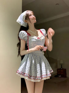 Xzy Slightly Oversized Girls Sweet Plaid Contrast Color Puff Sleeve Dress Womens Summer Lace Princess Skirt