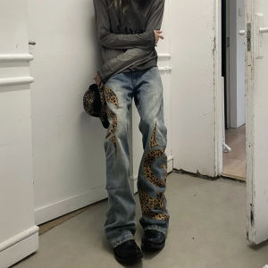 Retro American Leopard Print Design Womens Jeans Slim Fit Bell Bottoms Distressed Denim Autumn Fashion for Young Girls