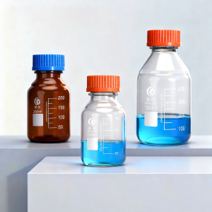 Lab Grade Glass Reagent Bottle with Threaded Neck Blue Cap Orange Cap High Borosilicate Brown Transparent Bottle with Scale