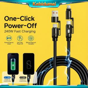 KEBIDUMEI NEW240W Quick Charge Cable with ON/OFF Switch 1.5m 4-in-1 USB-A Type-C Input to Type-C Lightning Output 480Mbps Transfer Removable Lightning Tip – Stop Overcharging Charge All Your Devices with One Cord