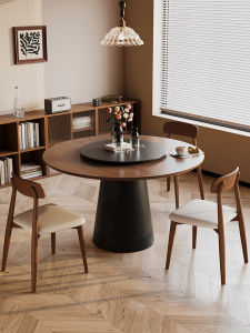 Retro Style Solid Wood Dining Table Rock Panel Living Room Small Apartment Home Use 6 Person round Table with Rotating Function