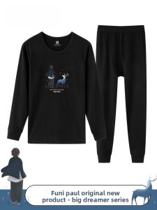 FuniBaoluo | Mens Pure Cotton Thin Warm Underwear Set Youth Student Fashionable Cotton Thermal Shirt Long Sleeve Round Neck Print T-Shirt