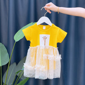 Summer Dress for One Year Old Girl Baby Two Years Old Girls Cartoon Animal Print Tulle Skirt Short Sleeve A-Line Dress