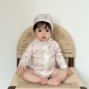 Summer Childrens Swimming Suit Korean Long Sleeve Sun Protection One-Piece Swimsuit Baby Swimming Set with Swimming Cap