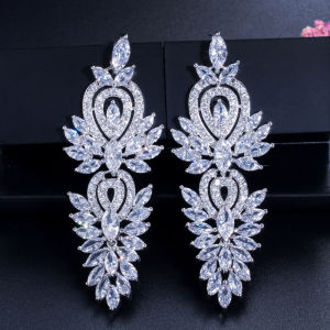 SEQUITO Gorgeous Platinum Color Inlaid Siny AAA Cubic Zirconia Stones Woman Long Big Drop Dangle Earrings Precious Bridal Wedding Party Ear Jewelry SE738
