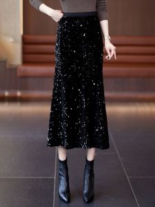 Shiny Sequin Half Skirt Velvet Straight Cut Womens Black Long Skirt High Waist Midi Skirt Korean Style Fish Tail Skirt