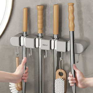 Wall Mounted Mop Holder Mop Organizer Brush Broom Hanger Hook Adhesive Multi-purpose Hanging Rack Punch-free (4 Slots with 5 Hooks)