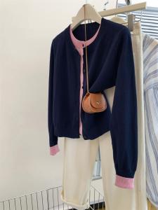 Áo Len Cardigan Dệt Kim Màu Xanh Lam Giả Hai Mảnh Cho Nữ Đầu Thu Dáng Rộng Thoải Mái Dài Tay Không Mũ Trùm Đầu