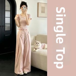SENWA | OOTD Fashion Pink Short Sleeve T-Shirt and Wide Leg Pants Set Summer 2026 New