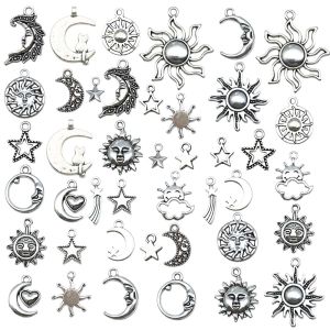 42 Chiếc Cổ Bạc Mặt Trăng Mặt Trời Ngôi Sao Hợp Kim Mặt Dây Chuyền Bộ Cho DIY Vòng Tay Thời Trang Phụ Kiện Trang Sức Trở Lại Trường Học Đồ Thủ Công
