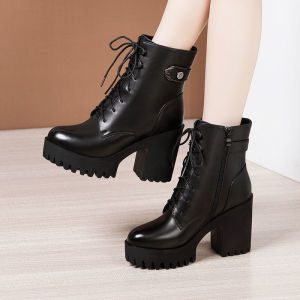 High Heel Martin Boots for Women Thick Sole Short Boots Chunky Heel Black Leather Shoes Lace-up Elevator Shoes Soft Sole Kasut Boots Perempuan