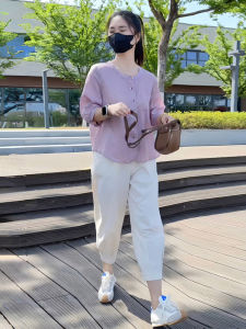 Shalldoer | ชุดเสื้อเชิ้ตแขนสั้นหลวมๆ สีพื้นสไตล์เกาหลีสำหรับผู้หญิงในช่วงฤดูร้อน ชุดลำลองสองชิ้น คอตั้ง เสื้อเชิ้ตแขนสั้น