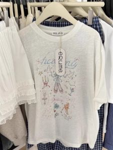 Korean Style Anti-Aging Print White Short Sleeve T-Shirt Women Summer Snowflake Cotton Sunshade Shirt Lightweight Loose Top