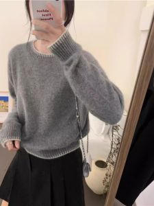 Ladies Cashmere Knitted Sweater round Neck Short Loose Fit Autumn Winter Color Block Woolen Base Layer Shirt Korean Style Commute