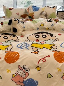Cute Crayon Xiao Xin Bedding Set Washed Cotton Duvet Cover Single Student Dormitory Three Piece Set Cartoon Anime Printed Bed Linen