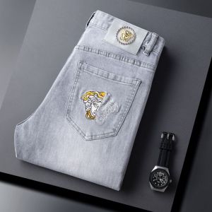 Autumn New Style Light Grey Mens Embroidered Slim Fit Jeans Korean Version Trendy Elastic Versatile Long Pants
