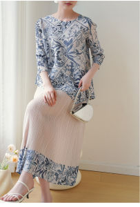 Miyake Pleated Sets 2025 New Classic Design Vintage Print 3 Quarters sleeve Top and High Quality Versatile Skirt
