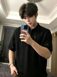 Breathable Mens Black Mesh Textured Short Sleeve Polo T-Shirt