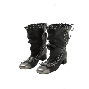 Fashionable Pleated Pleated Butterfly Knot Square Head Mid-Calf Boot Punk Style Chunky Heel Womens Boot Warmth Zipper Closure British Style Motorcycle Boot