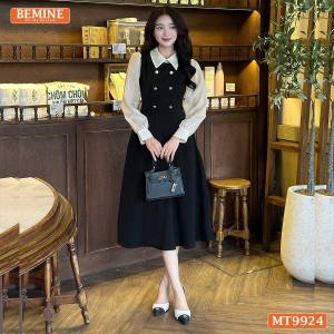 Đầm thiết kế BEMINE cổ đức dáng chữ A tay dài phối voan có cúc phù hợp đi làm đi chơi-MT9924