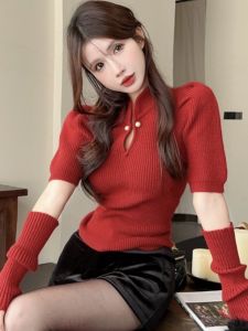 GUZILIAN | New Chinese Style Red Sleeve Knitted Shirt Womens Autumn Winter New Fashion Retro Stand Collar Button Hollow Top Commute Style