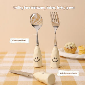 S&S ส้อมช้อนสแตนเลสสตีล304หน้ายิ้มสแตนเลสลายการ์ตูนเครื่องใช้สำหรับโต๊ะอาหารตะวันตกอุปกรณ์ในครัวเรือนช้อนสแตนเลสสตีล