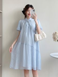 New Chinese Style Maternity Dress Short Sleeve Loose Summer  Simple Midi Dress for Pregnant Women Casual Daily Wear