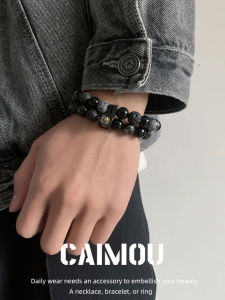 CAIMOU Black Agate Tassel Bracelet for Men and Women Fashionable Retro Star Beaded Jewelry in Gold Polished Finish