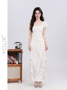 YOUXIANG | Đầm Beige Chấm Bi Nổi Dây Đai Ruffle Mẫu Mới 2026
