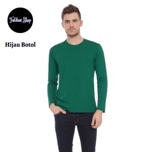 Kaos Polos Pria Oneck Lengan Panjang Bahan Katun Combed 30s Warna Hijau Botol