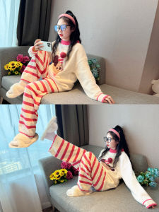 Girls Coral Fleece Sleepwear Winter Home Clothes Long Sleeve round Neck Comfortable Warm Anti-static Moisture-wicking Half Velvet