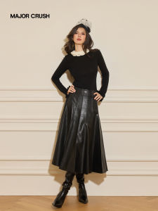 Chic Versatile French Style Knit Top Leather Skirt Set