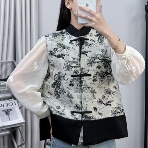 4311 New Chinese Style Landscape Painting Stand Collar Print Vest Spring New Arrival Womens Two-Piece Buckle Tops