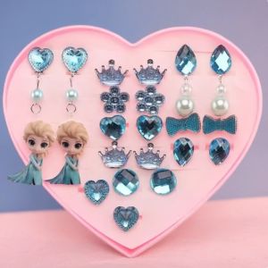 Elsa Princess Blue Ice And Snow Fashion Childrens Earring Set No Piercing Required Cute Little Girls Clip-On Earrings And Ring