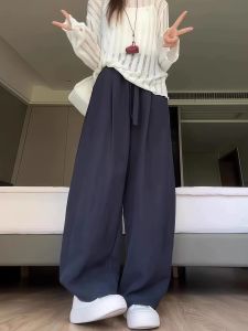 YAYANGREN | Navy Blue Linen and Tencel Loose Womens Culottes