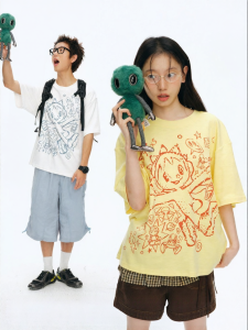 JNXS | Pop Pattern Loose Short Sleeve Summer Drop Shoulder Cotton Linen T-shirt
