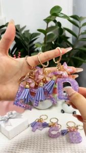 A-Z key ring Purple Resin Butterfly Tassel 26 Letter Keychain Pendant Bag Charm Pendant Gift
