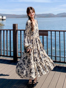 Elegant French Vintage Watercolor Print Long Tea Break Dress Womens Slimming Waist Cinched Spring New Style A-Line Dress