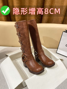 รองเท้าบูทยาวเหนือเข่า ผู้หญิง เข็มขัดคาวบอยตะวันตกหัวเข็มขัดรายละเอียดความสูงภายใน หนัง รองเท้าบู๊ตแฟชั่นสําหรับหญิงสาว
