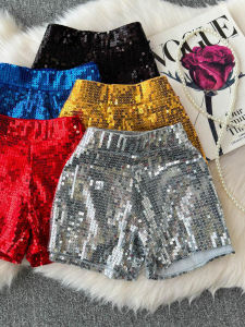 Shiny Sequin Clubbing Short Pants Womens High Waist Straight Leg Reflective Glittery Three-quarter Length Fashionable Trousers