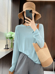 Light Blue Long Sleeve Ice Silk T-Shirt Womens Loose Sun Protection Cover Shirt Thin Veil Top for Daily Wear Summer 2025