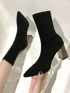 Slim High Heel Knitted Sock Boots Womens Mid-Calf Elastic Boot Fashionable Short Boots Korean Style Anti-Slip Spring Autumn