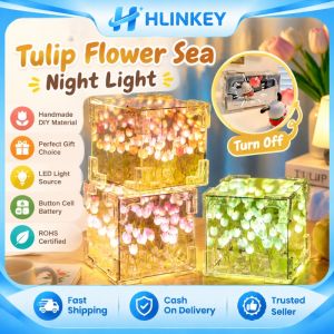Hlinkey Hoa Tulip Biển khối lập phương thần kỳ đèn ban đêm Acrylic Đèn LED để bàn Lãng Mạn Thẩm Mỹ Trang Trí Nội Thất Cho đèn bàn phòng ngủ Sinh Nhật Valentine Quà Tặng