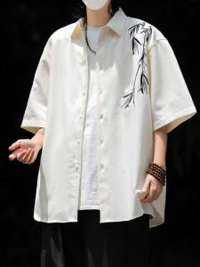 New Chinese Style Light National Trend Ice Silk Bamboo Embroidery Mens Shirt Summer Ancient Feeling Loose Short Sleeve Shirt Coat
