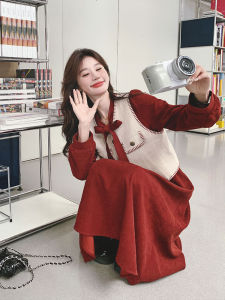 Red Elegant Womens Dress Set High Waist A-Line Skirt Long Sleeve Shirt Collar Vintage Style Two-Piece Suit Autumn Fashion